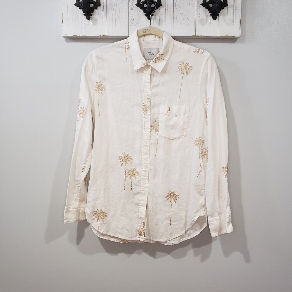 Rails Charli Linen Button Up Shirt Palm Tree Embroidered White Size M